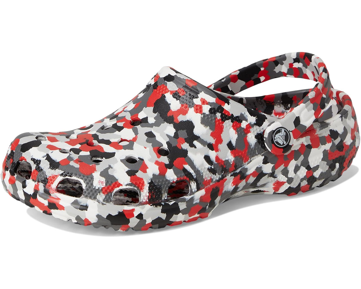 Crocs unisex graphic clogs, alternate side view, white black red camo print