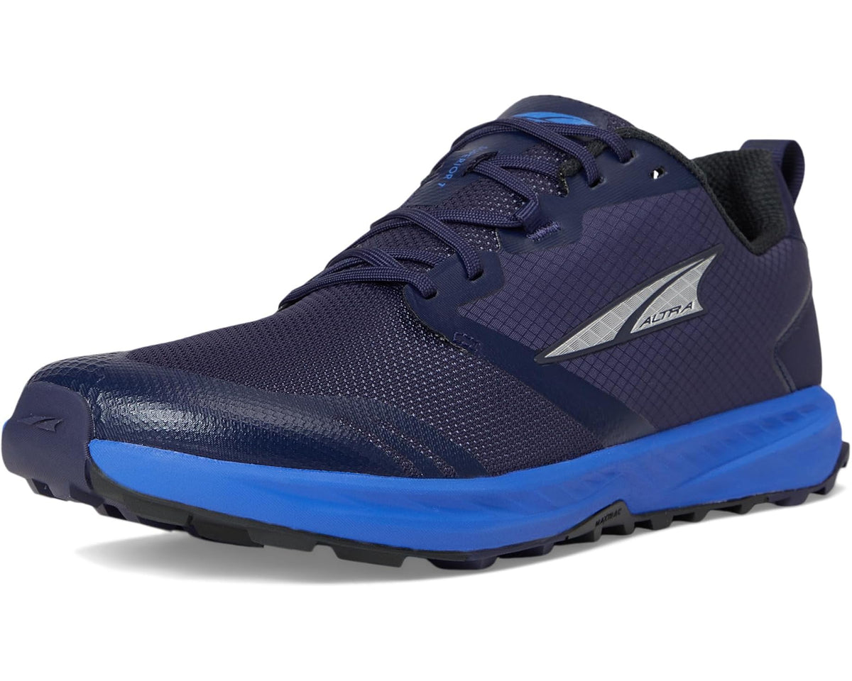 Men's dark blue running shoes, front three-quarter view with blue outsole