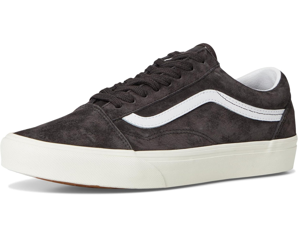 Unisex suede low-top sneakers front 3/4 view, dark brown with white side stripe and sole