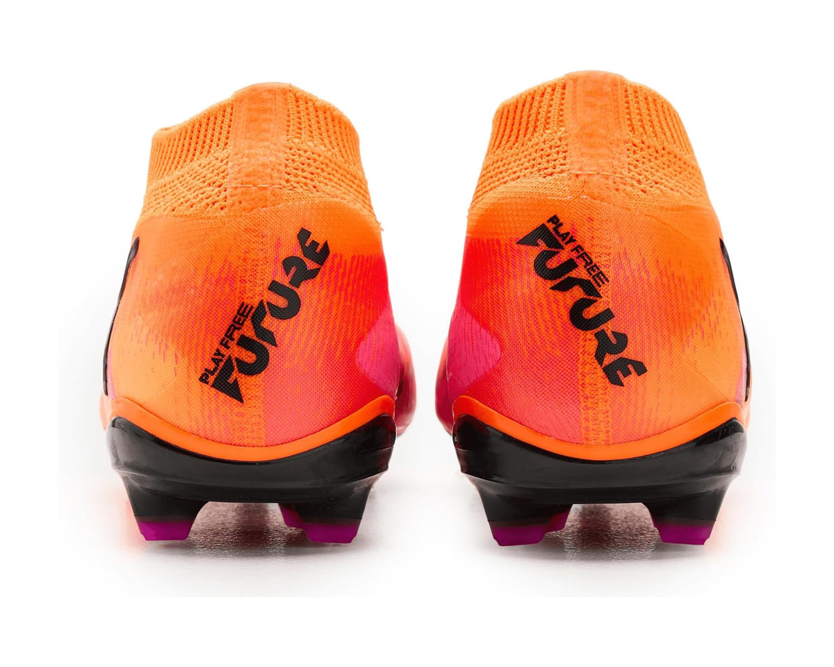 PUMA men's soccer cleats, orange heel with FUTURE text and black studded sole