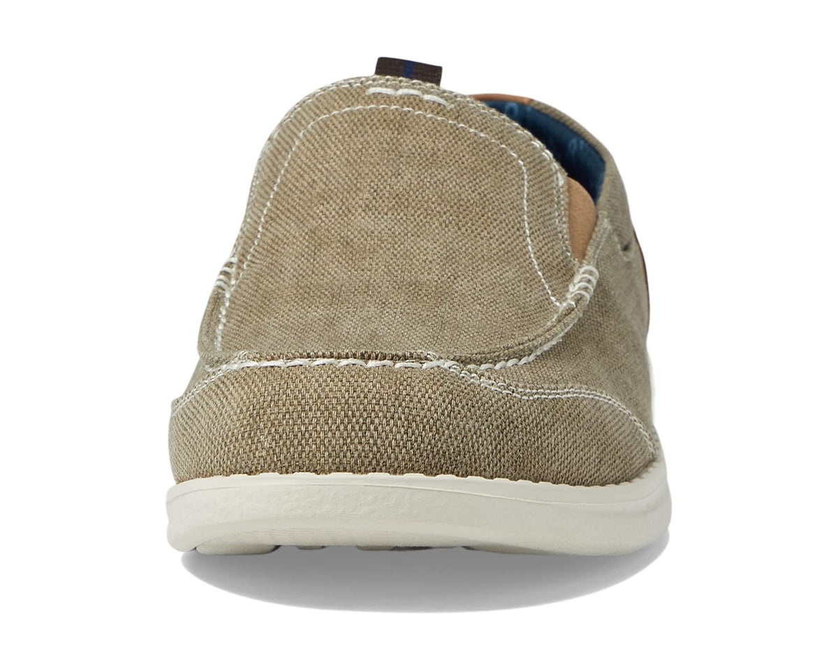 Stone canvas slip-on moccasin toe with padded back and stitched seams