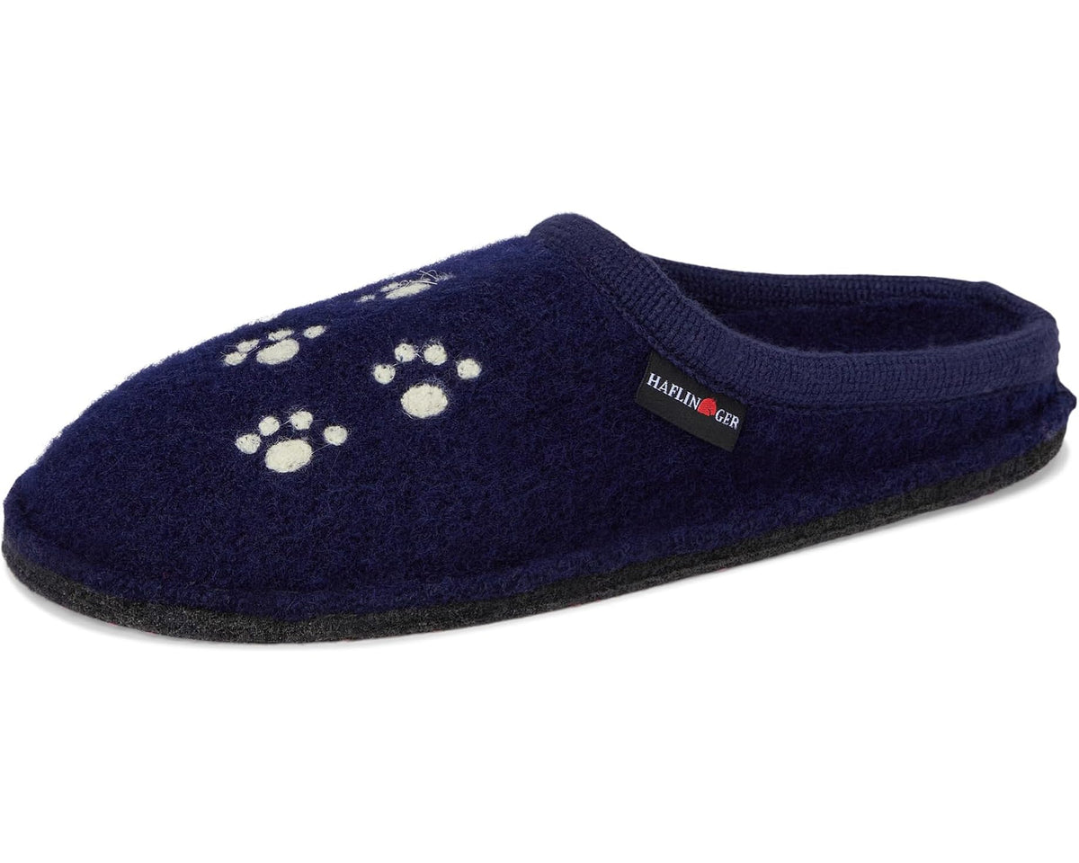 Blue felt slip-on slippers with white paw-print pattern and Haflinger patch