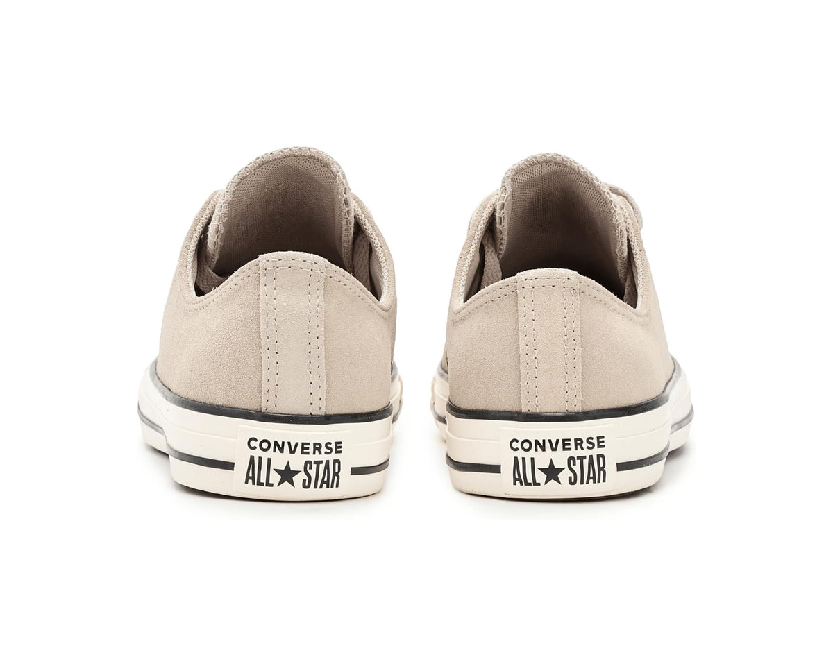 Converse suede low-top sneakers back view, beige heel with All Star label
