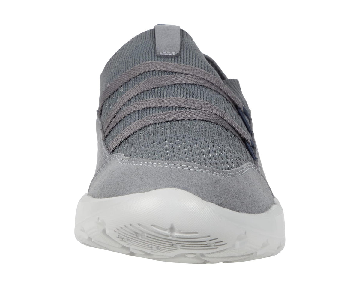 Steel grey knit athletic sneaker with lace-up straps and cushioned heel