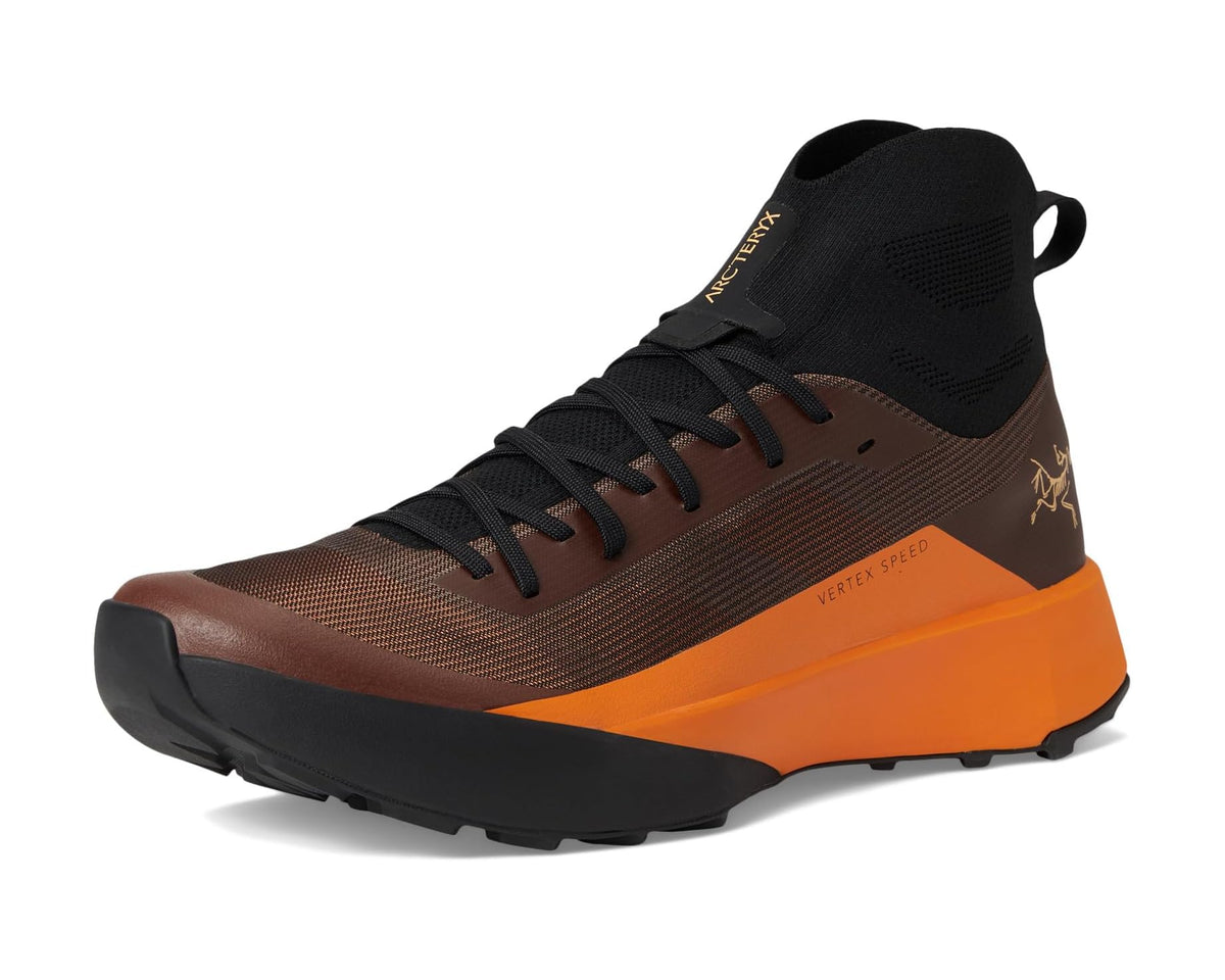 Men's Arc'teryx high-top trail shoes, brown upper with black accents and orange outsole