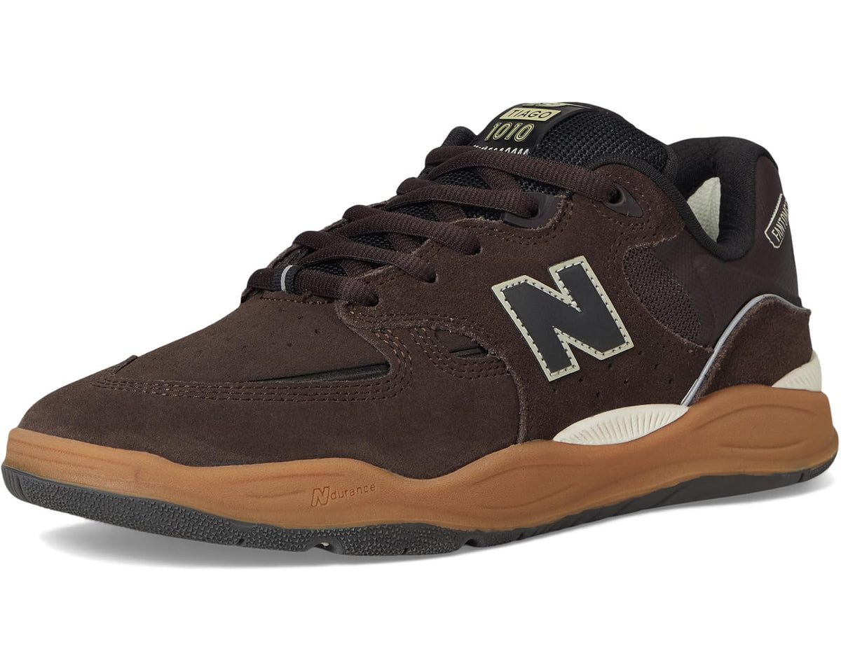 Brown New Balance 1010 front side view, lace-up suede upper with N logo and tan gum sole.