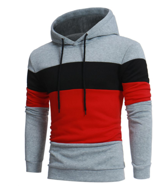 Color-block men’s hooded sweatshirt, light gray with black shoulders and red center panel