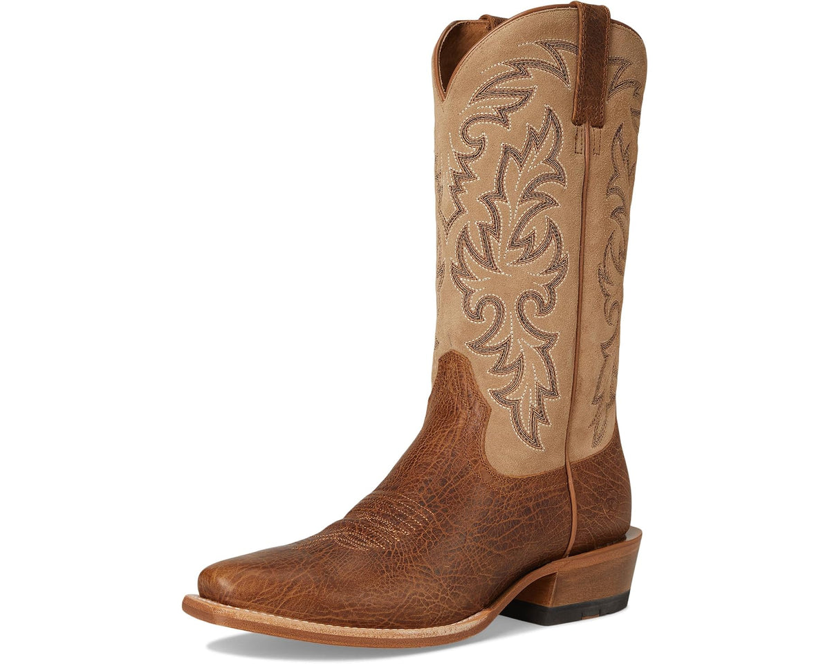 Tan cowboy boot with floral side embroidery and low stacked heel