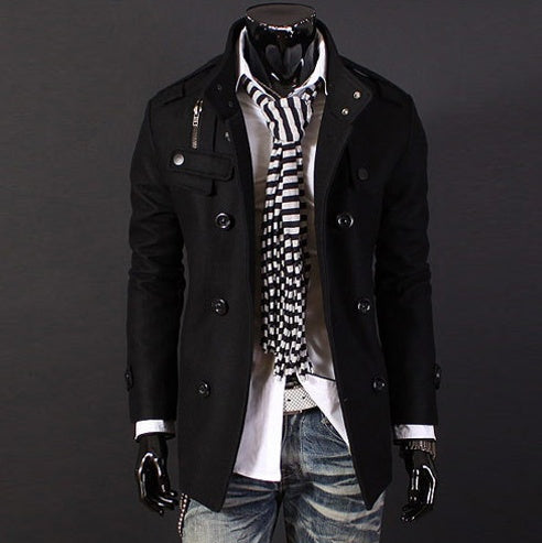 Men's wool coat, black double-breasted with large buttons and flap pockets