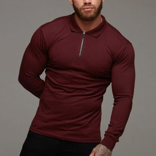 Men's long-sleeve polo shirt in wine red with zip placket and short collar