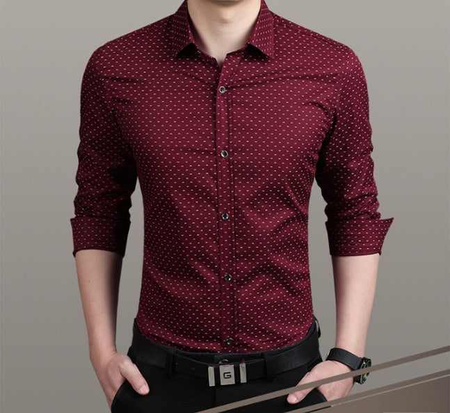 Men's wine red dress shirt with small dotted pattern, button-down collar, 3/4 sleeves
