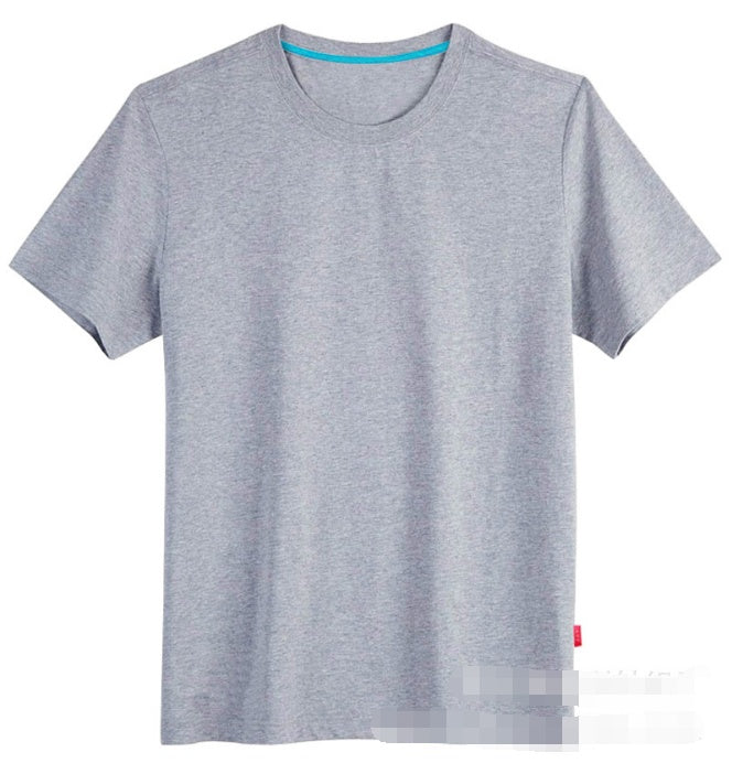 Men’s crew-neck gray T-shirt with short sleeves and turquoise-trim collar