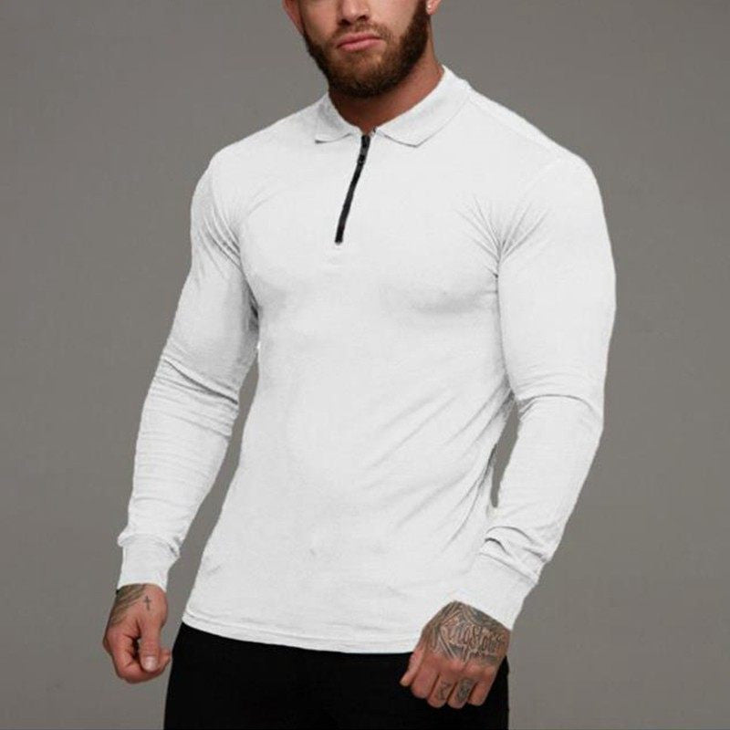 Men's long-sleeve polo shirt in white with zip placket and short collar