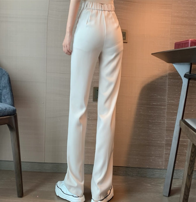 Women's white wide-leg pants, elastic waistband style, full-length straight leg