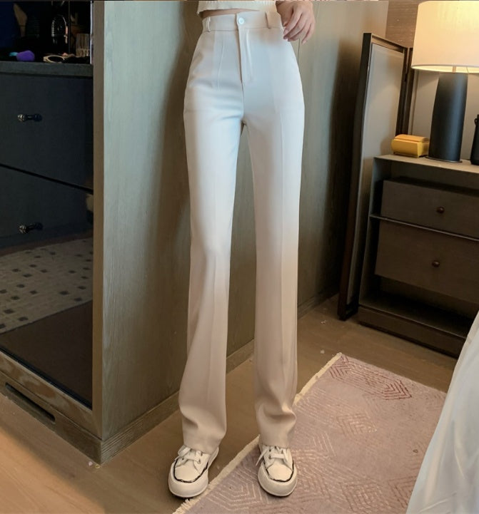 Women's white wide-leg pants with front button closure, ankle-length straight drape