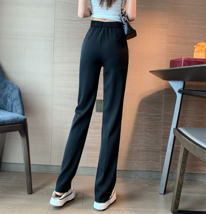 Women's black wide-leg pants with high waist, straight wide legs and side pockets