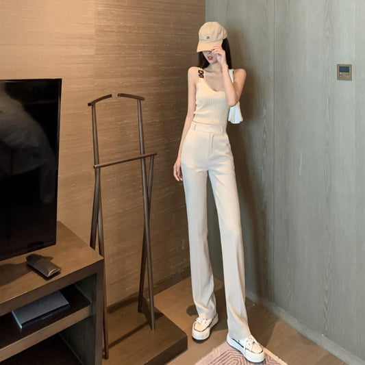 Women's white wide-leg pants, high waist with front button and pockets