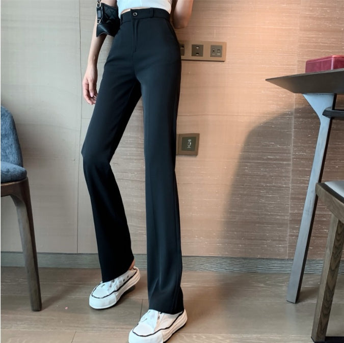 Women's black wide-leg pants, high-waist fit with straight wide leg and button front