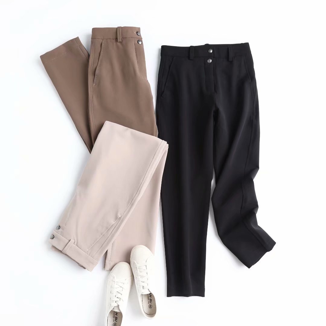 Two-button straight casual trousers in black, taupe, and apricot shown together