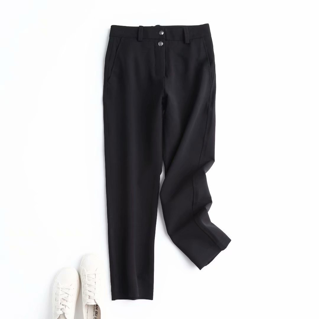 Black two-button straight casual trousers with belt loops and front button closure