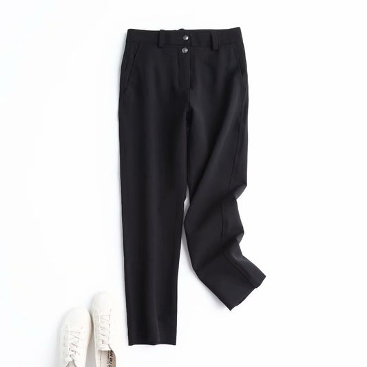 Black two-button straight casual trousers with belt loops and front button closure
