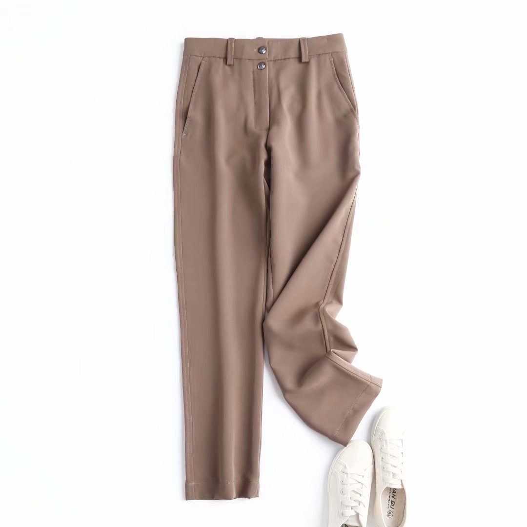Khaki two-button straight casual trousers with belt loops and front button closure