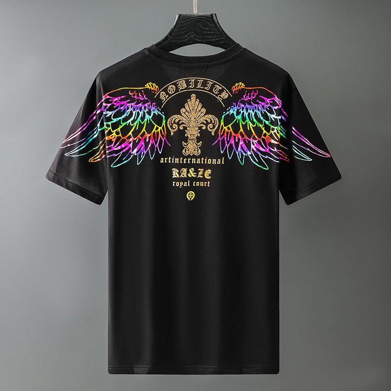 Black crew-neck T-shirt with colorful angel wings and gold crest front graphic