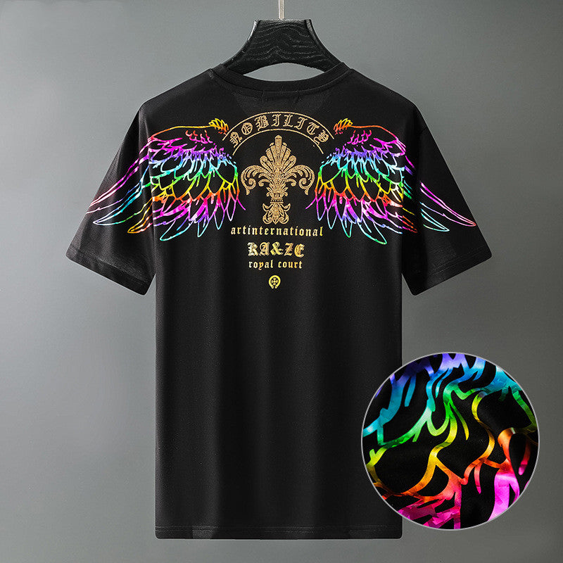 Black crew-neck T-shirt with colorful wing crest and gold emblem front graphic
