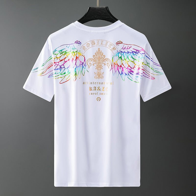 White crew-neck T-shirt with multicolor winged emblem and gold badge print