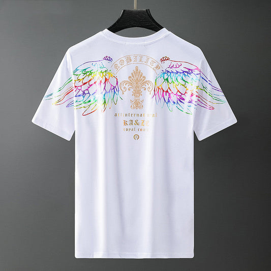 White crew-neck T-shirt with colorful angel wing graphic and central emblem print on front