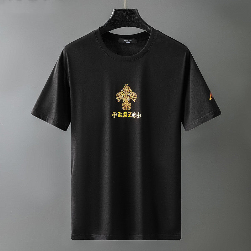 Black crew-neck T-shirt with small gold emblem print at chest
