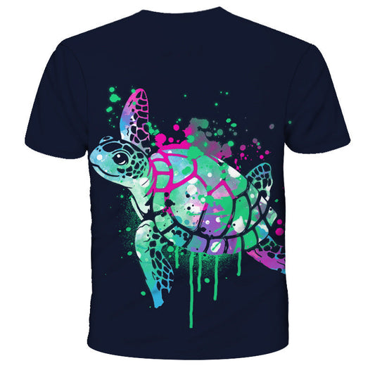 Dark short-sleeve crewneck T-shirt with neon turtle graphic and color-splash print