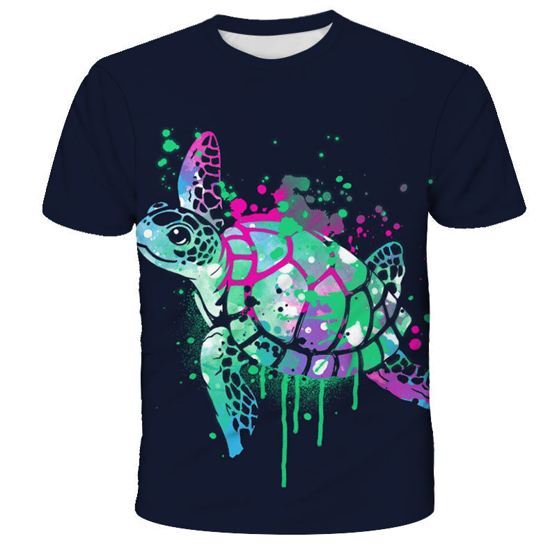 Dark short-sleeve crewneck T-shirt featuring a colorful turtle shell graphic