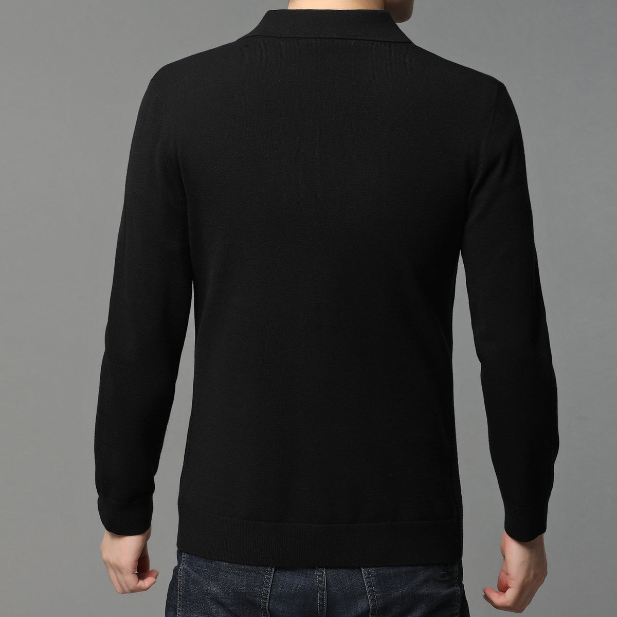 Men's black blazer-style t-shirt, back view with long sleeves and clean hem