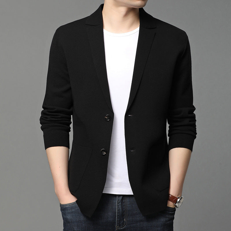 Men's black blazer-style t-shirt with notch lapels and two-button front