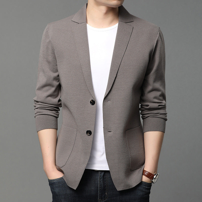 Men's gray blazer-style t-shirt with notch lapels, button front, and chest pocket