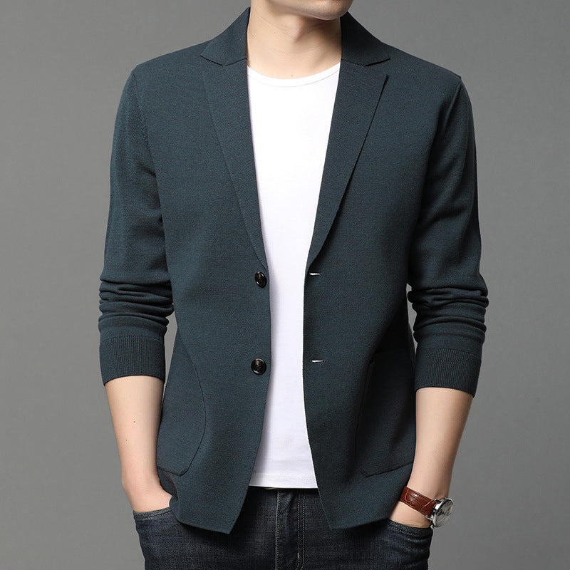Men's dark teal blazer-style t-shirt with notch lapels and button front