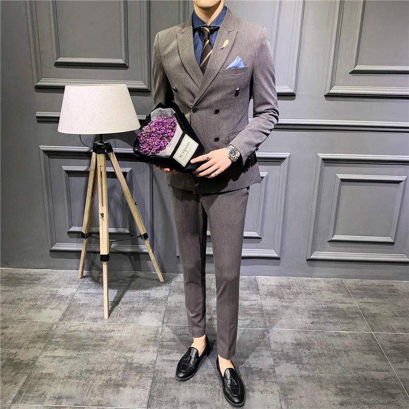 Taupe double-breasted suit jacket and matching trousers, pocket square and lapels