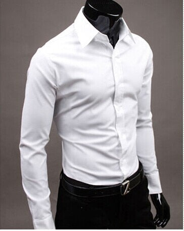 White button-up dress shirt with pointed collar and long sleeves