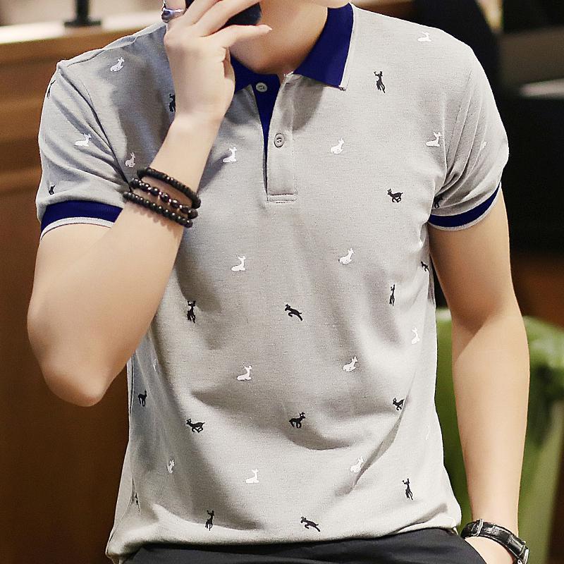 Thin polo shirt, light gray with navy collar and small animal print
