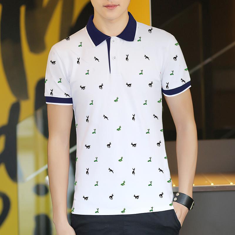 Thin polo shirt, white with navy collar and small animal print pattern