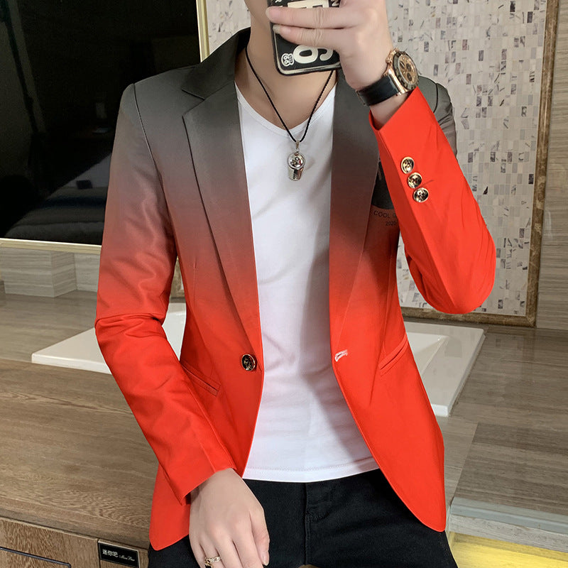 Men's red-orange dress jacket with notch lapels, gold-tone buttons, and two front pockets