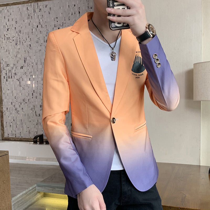 Men's orange dress jacket with notch lapels, gold-tone buttons, and two front pockets