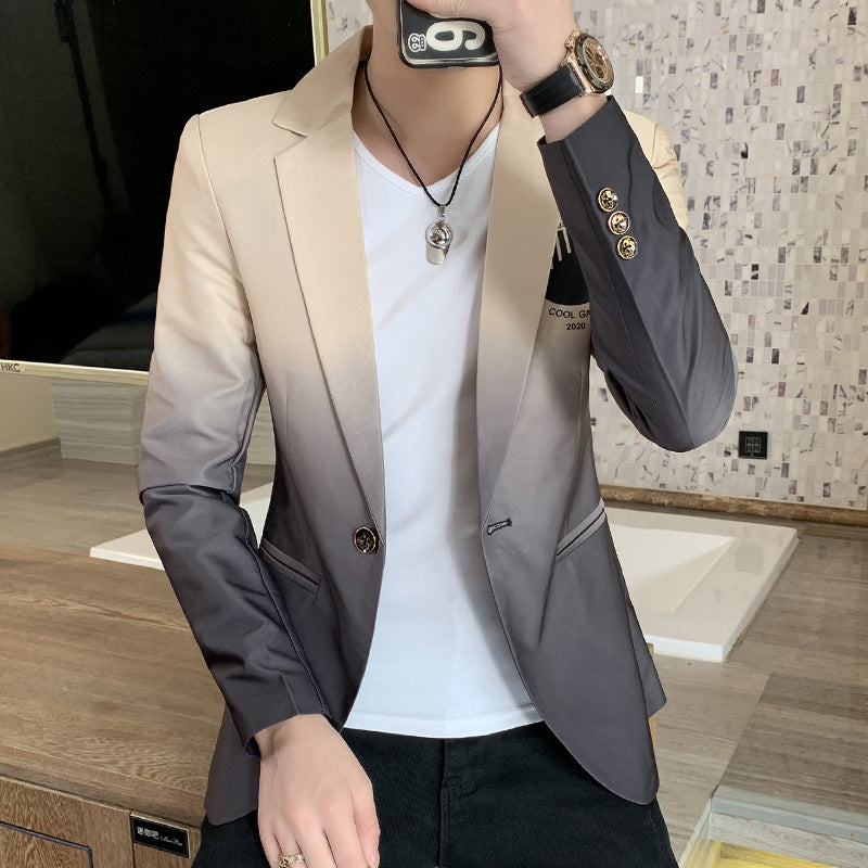 Men's beige dress jacket with notch lapels, gold-tone buttons, and two front pockets