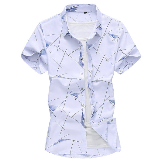 White short-sleeve dress shirt, button front, pointed collar, abstract blue line pattern