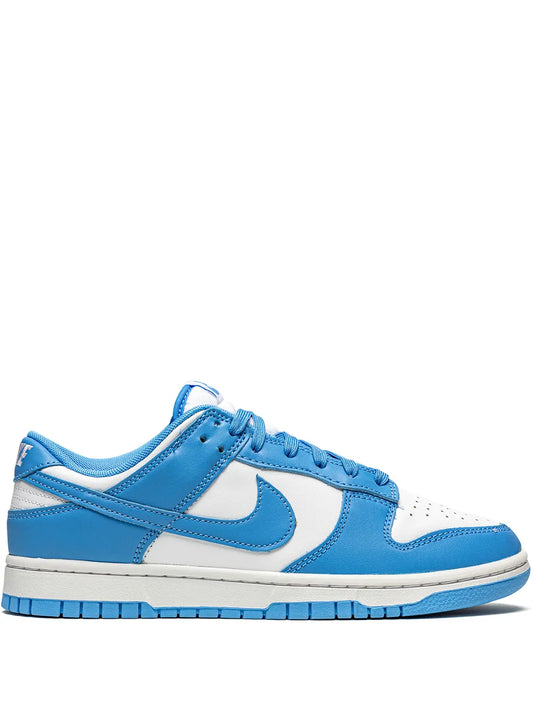 Nike Dunk Low low-top sneakers in white and light blue with swoosh and lace-up.