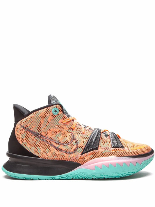 Nike Kyrie 7 basketball shoes, orange speckled knit upper with teal outsole