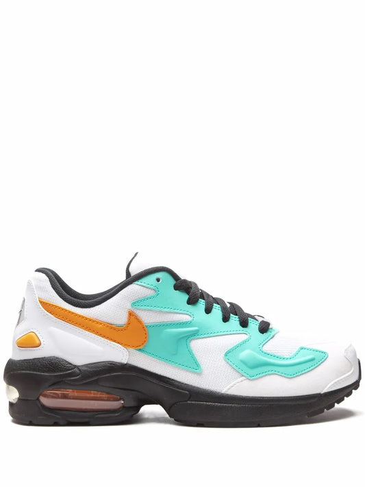 Nike Air Max 2 Light sneakers, white upper with teal panels and orange swoosh, black sole