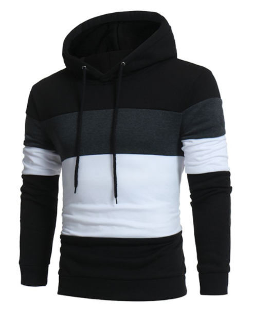 Color-block men’s hooded sweatshirt, black and gray with white lower panel
