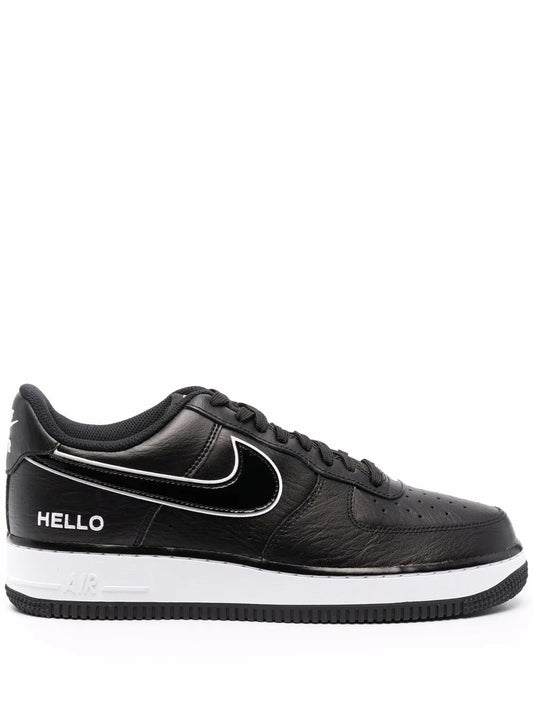 Nike Air Force 1 '07 Lx black leather sneaker, Nike swoosh, 'HELLO' heel tab